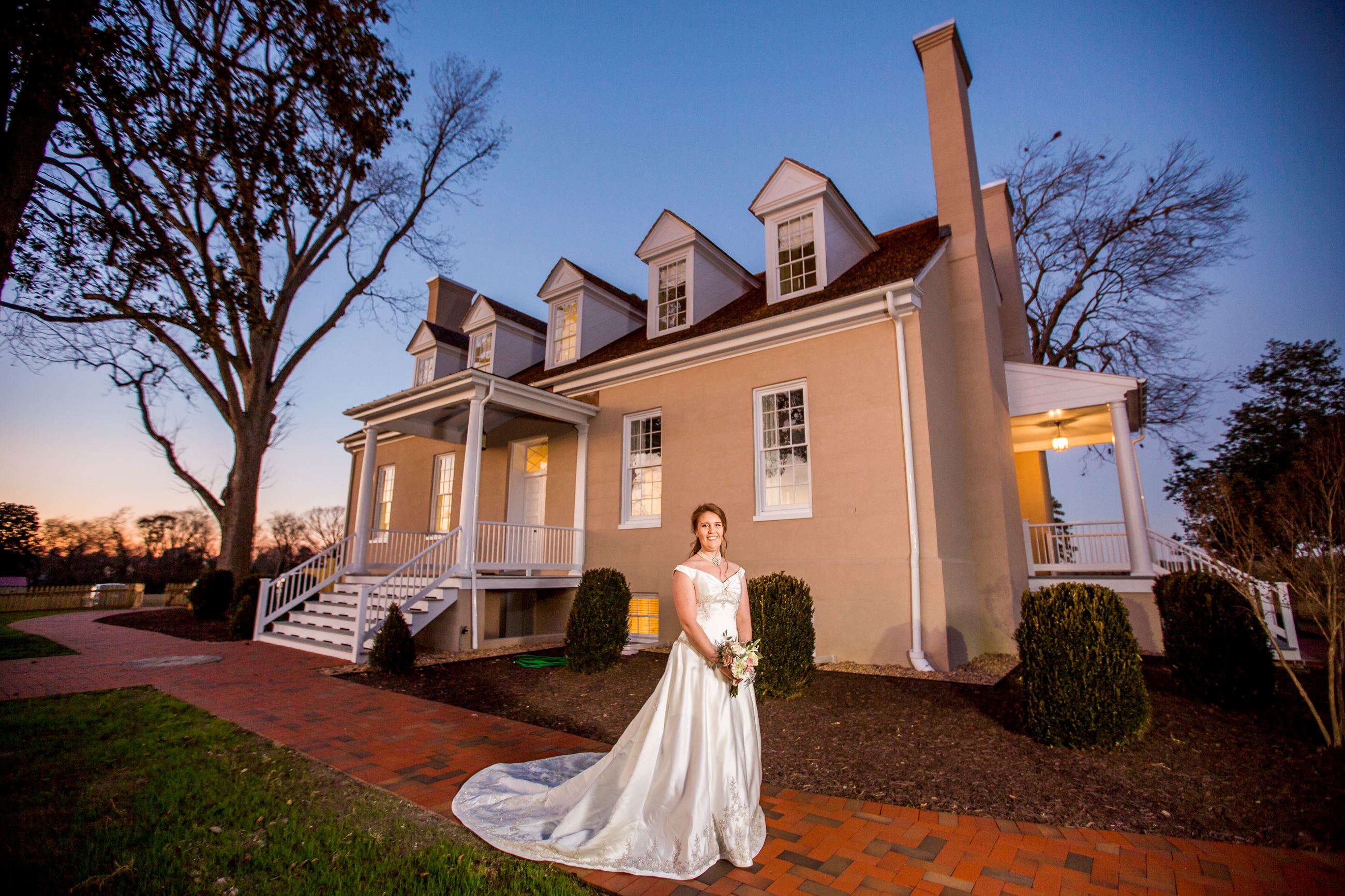 bride on brick walk